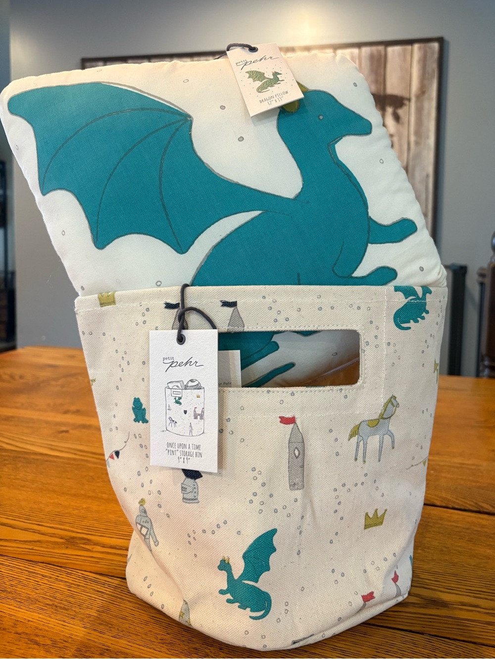 Petit Pehr Teal Dragon Kids Storage Basket with Matching Pillow